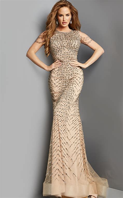 Jovani Nude Beaded Crew Neck Evening Gown