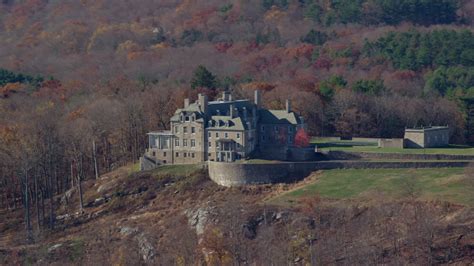 5.5K stock footage aerial video of an isolated mansion on a hill in Autumn, Mt Kisco, New York ...