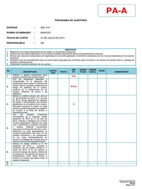 Modelo De Programa De Auditoria Pdf Auditoría Financiera Economias