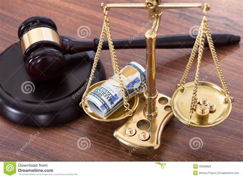 Gavel And Scales With Money On Desk Stock Photo Image Of Block