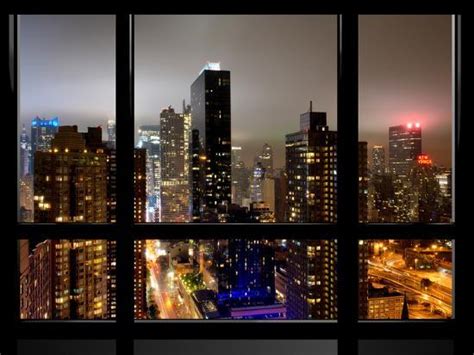 Window View Urban Landscape By Night Misty Colors View Times Square