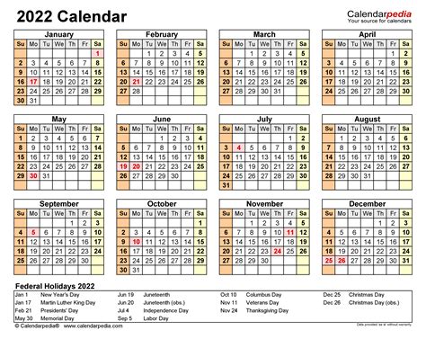 2022 Calendar Template Excel