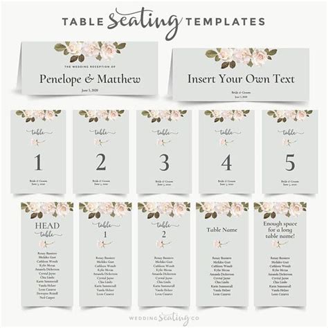 wedding seating card template with flowers and leaves on the back in