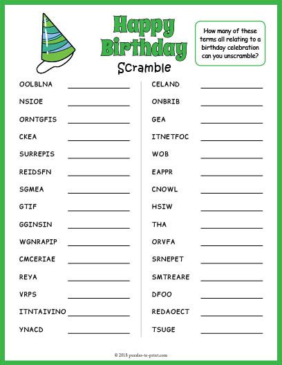 Worksheets are 3rd grade jumbled words 1, 3rd grade jumbled words 2, unjumble german words, unjumble the sentences for class 5, jumbled words exercise with answers, unjumble my jumbled sentence. Birthday Party Word Scramble Puzzle