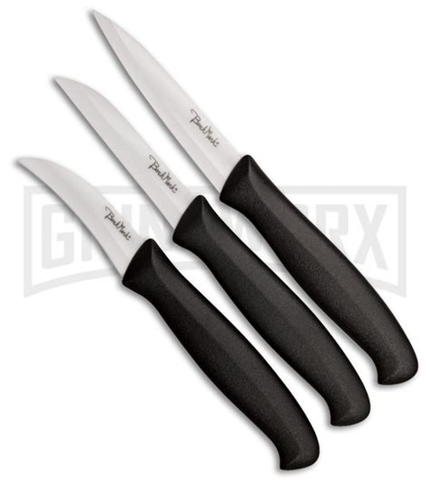 Benchmark 3 Piece Ceramic Paring Knife Set Black Rubber White Plain