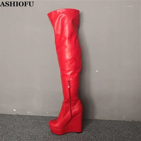 Ashiofu New Arrival Ladies Wadge Heel Thigh High Boots Short Plush