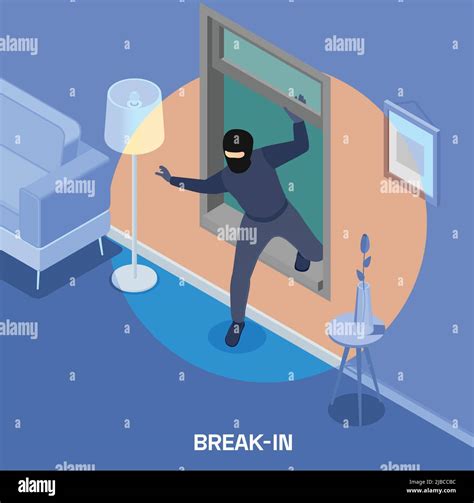 Robbery Isometric Composition With Thief Breaking Into House Through Window 3d Vector