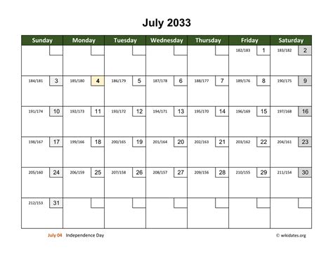 July 2033 Calendar With Day Numbers