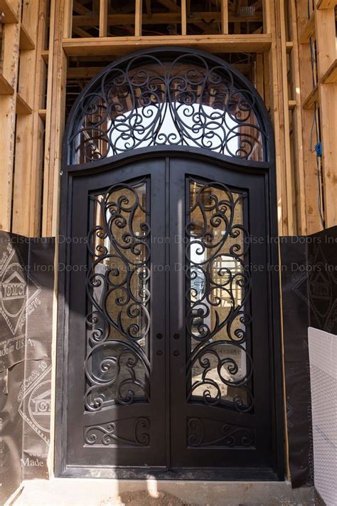 Decorative Wrought Iron Double Exterior Doors With Round Top Transom