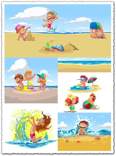 Kids Playing On Beach Vector Cartoons