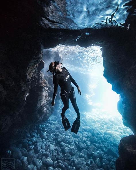 Freediving In The Cave Freedivng Freediver Mermaid Cave Underwater