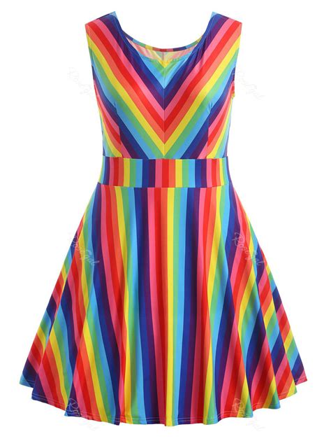 43 Off Plus Size Rainbow Sleeveless Dress Rosegal