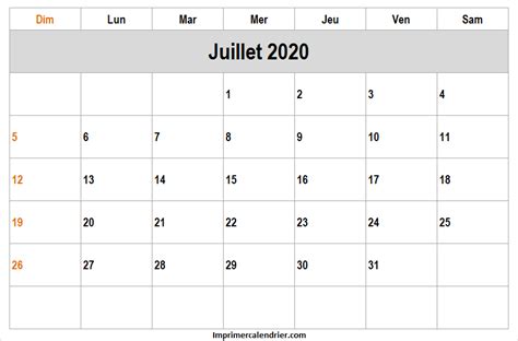 2020 Calendrier Juillet A Imprimer Calendrier Imprimable 2020