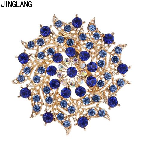 Jinglang Fashion Gold Color Brooches Pins Rhinestone Large Flower Brooches For Women Wedding