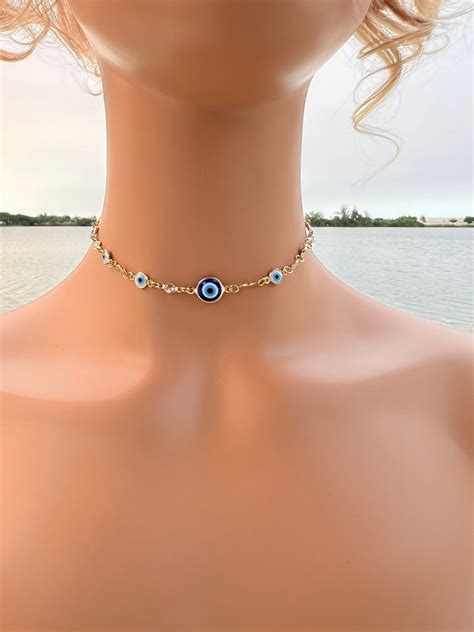 18K Gold Filled Chocker Necklace Blue Evil Eye Necklace Etsy