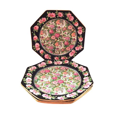 4-crown-ducal-ivory-chintz-octagonal-plates-with-rose-border-chintz,-tea-set,-royal-winton