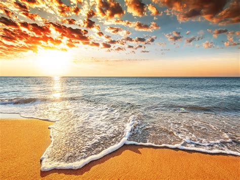 Wallpaper Sunset Beach Sands Sea Waves Clouds Beautiful Landscape