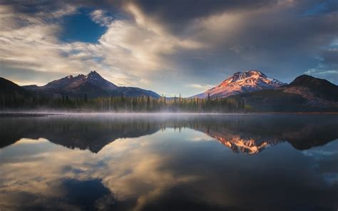 1280x787 Oregon Lake Mountain Forest Sunrise Snowy Peak Reflection