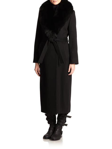 Sofia Cashmere Fox Fur Collar Wool Cashmere Wrap Coat In Black Lyst