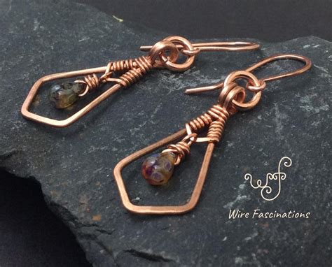 Handmade Copper Earrings Framed Wire Wrapped Dangling Art Glass Drop