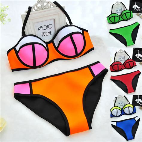 s xl sexy neoprene bikini set with padded push up swimwear for women biquini bathing suit