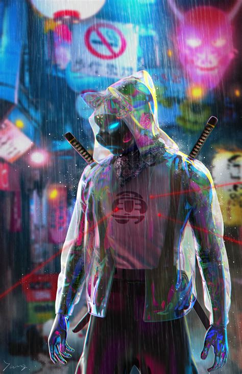 Neon Samurai Neon Cyberpunk Wallpaper 4k Man With Katana And A