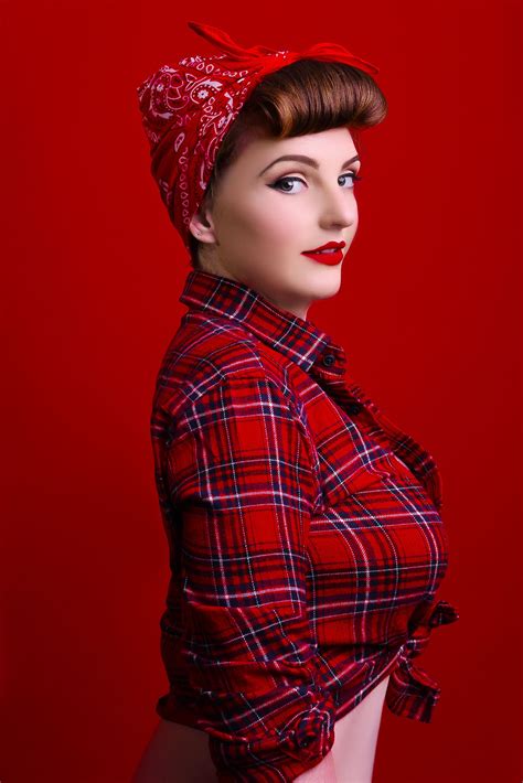 Rockabilly In Red With Red Head Scarf And Tartan Shirt 1950s Pinup 1950s Pinup Tartan Shirt