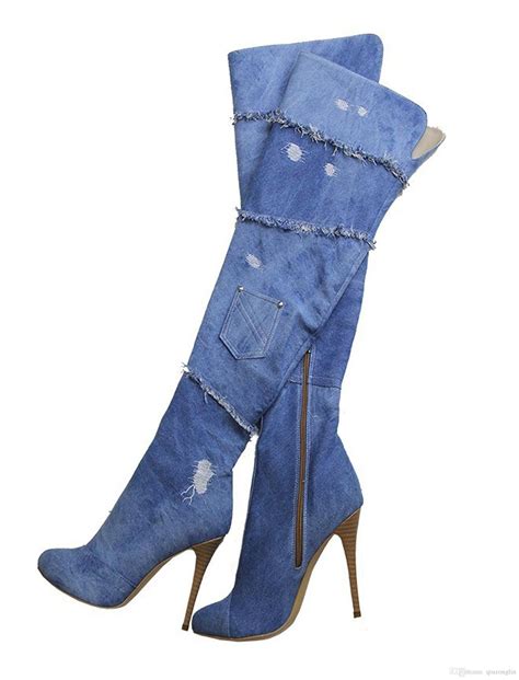 Blue Denim Thigh High Boots Online Boots
