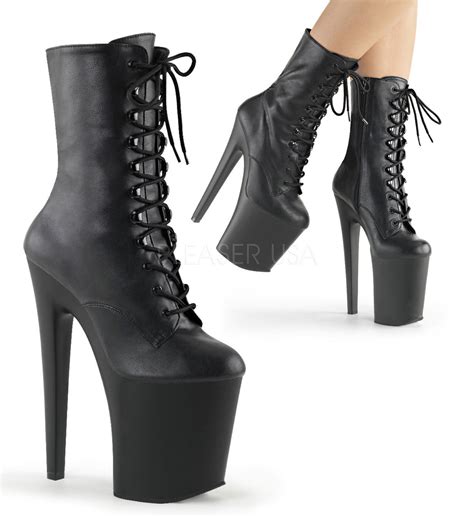 Pleaser Xtreme 1020 Black Faux Leather Ankle Boots With Black Matte Pl