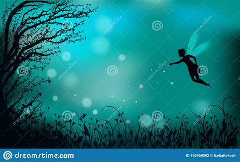 Deep Fairy Forest Silhouette At Night With Fairy Girl And Fireflies
