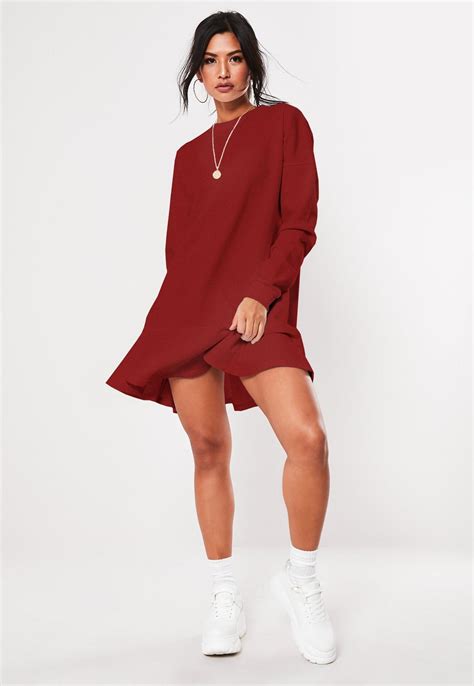 Burgundy Frill Hem Sweater Dress Missguided
