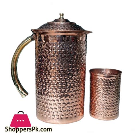 Buy Pure Copper Hammered Pitcher Jug With Lid Capacity Water With Glass