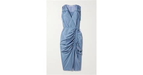 Veronica Beard Teagan Wrap Effect Ruched Striped Poplin Midi Dress In Blue Lyst