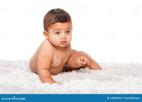 Cute Baby Infant With Big Green Eyes On White Stock Image Image Of