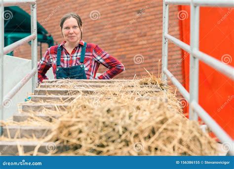 Satisfied Happy Female Farmer With Hay Wagon Stock Image Image Of