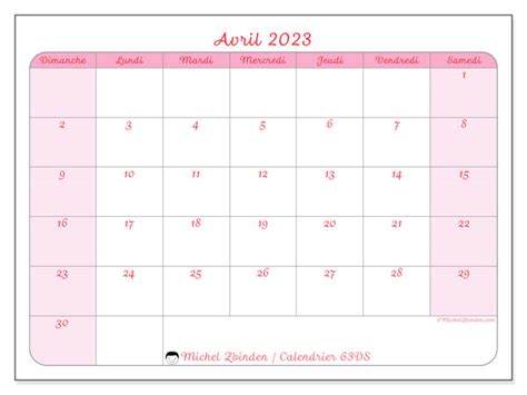 Calendrier Avril 2023 à Imprimer “63ds” Michel Zbinden Fr