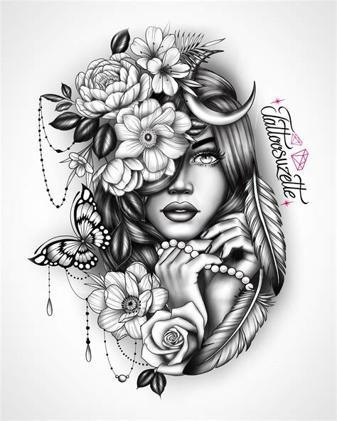 Flowers Lady Face Tattoo Design Tatuagem Braço Inteiro Feminino