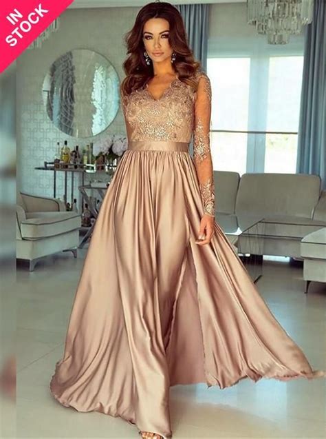 elegant v neck champagne long sleeves split champagne floor length prom party dress wi… blush