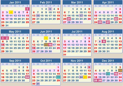 Xoaqwepo 2011 Calendar With Bank Holidays