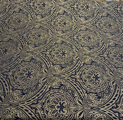Medellin Damask Navy Blue Gold Upholstery Fabric By The