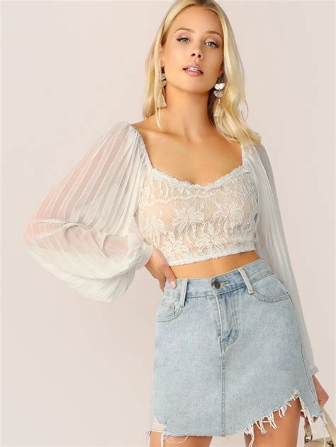 V Neck Sheer Puff Sleeve Smocked Lace Crop Top Long Sleeve Lace Crop