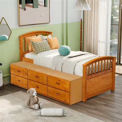 Dasyfly Twin Size Solid Wood Platform Storage Bed With 6 Drawers Oak