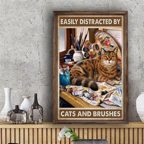 Easily Distracted By Cats And Brushes Poster Cat Lovers Artist Etsy