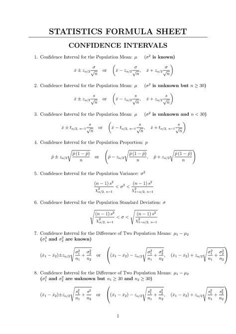 Statistics Formula Sheets Statistics Formula Sheet Confidence