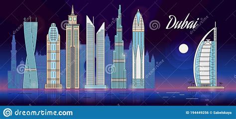 Night Dubai Skyline Banner With Landmark Buildings And Skyscrapers