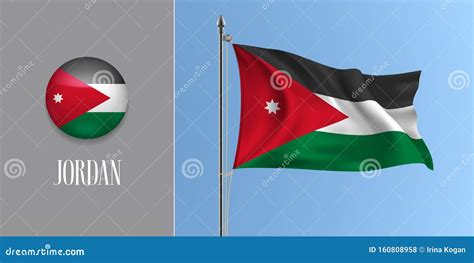 Jordan Waving Flag On Flagpole And Round Icon Vector Illustration Stock