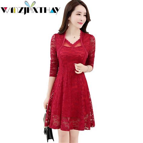 fashion lace dress 2018 new spring net yarn hollow out patchwork elegant dresses slim v neck