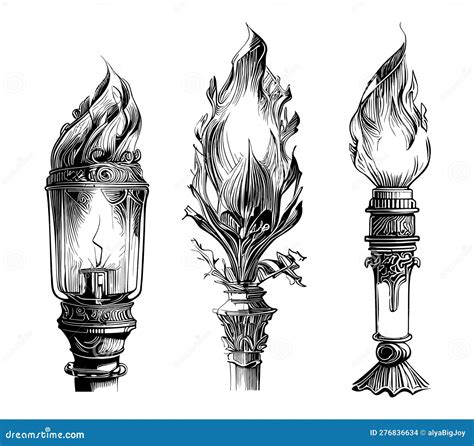 Set Of Torches Sketch Hand Drawn In Doodle Style Vector Illustration