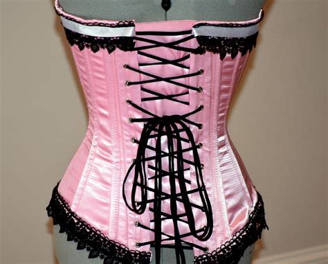 Classic Pink Satin Overbust Authentic Corset With Black Lace Steel Boned Corset For Tight