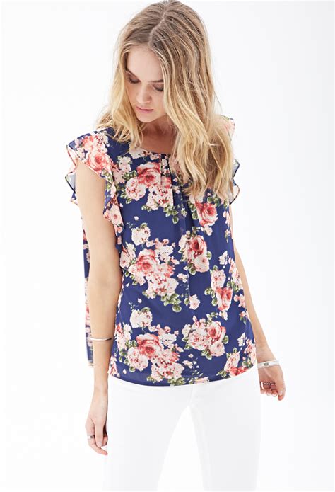 Forever 21 Ruffled Floral Chiffon Blouse In Blue Navycoral Lyst